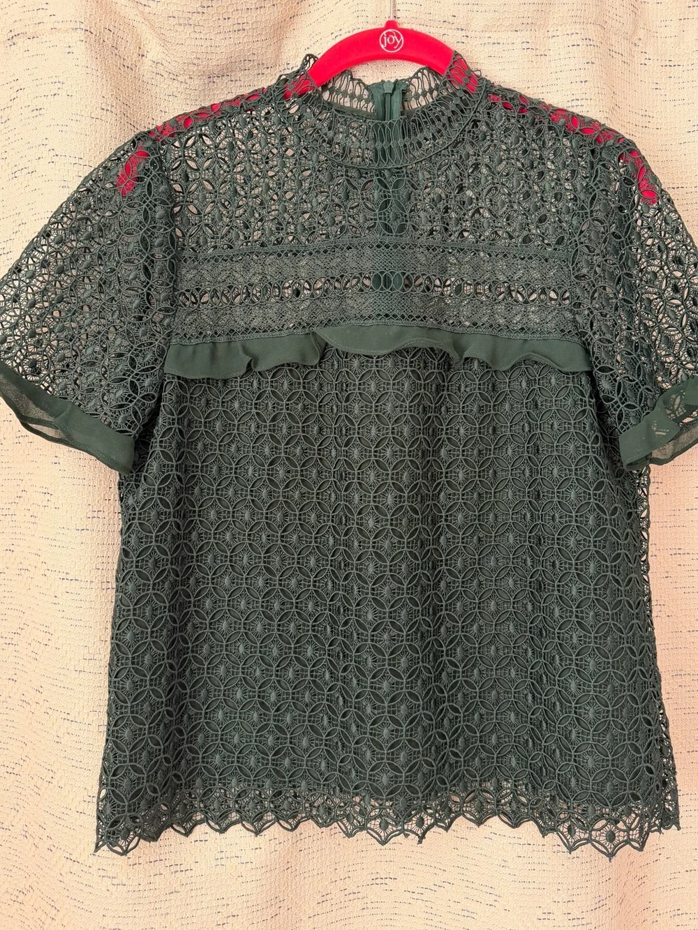 Zara Forest Green Lace Short-Sleeve Top Size M